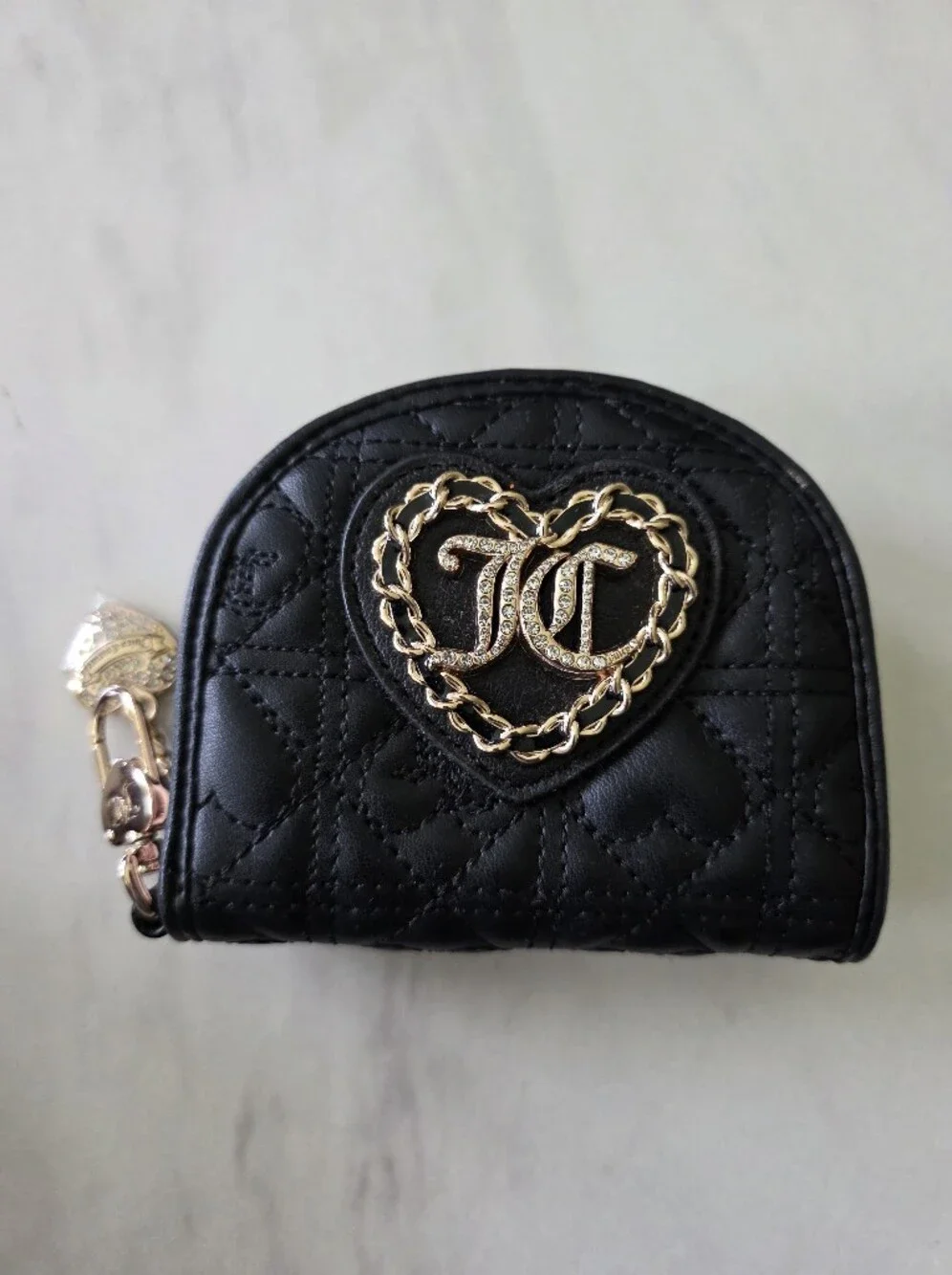 Juicy Couture Black Quilted Heart Zip Around  Wallet Rhinestone Logo Charm Y2K